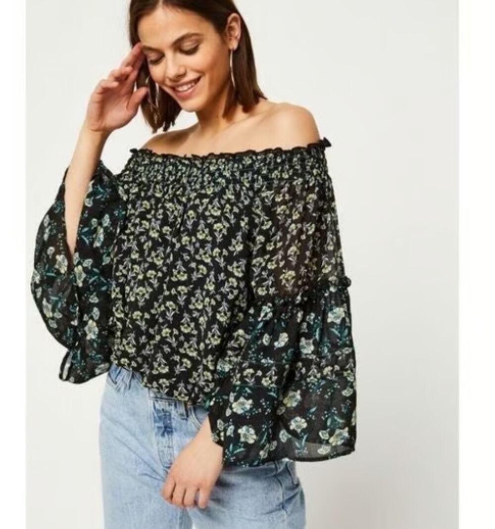 Free People Rose Valley Blouse Womens Medium Black Floral Smock Neck Top